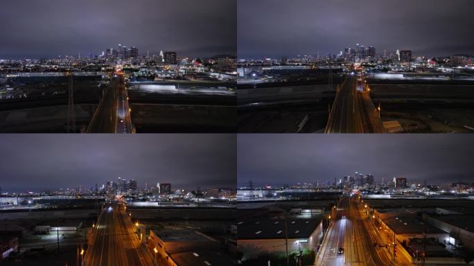 洛杉矶第一街大桥夜间的无人机反向拍摄