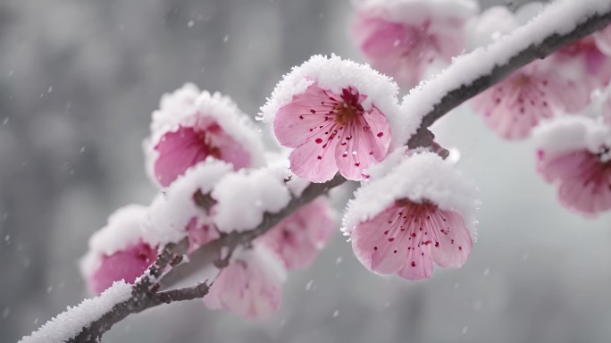 下雪的梅花桃花