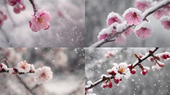 下雪的梅花桃花