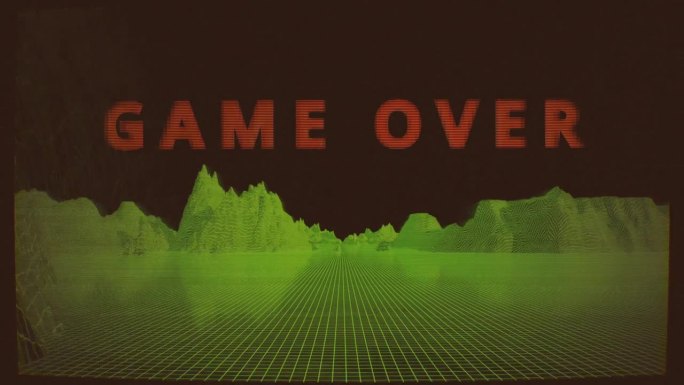 游戏结束。老街机游戏画面，3d绿色网格线框景观。3D复古8位电子游戏。80、90年代风格的数码显示复