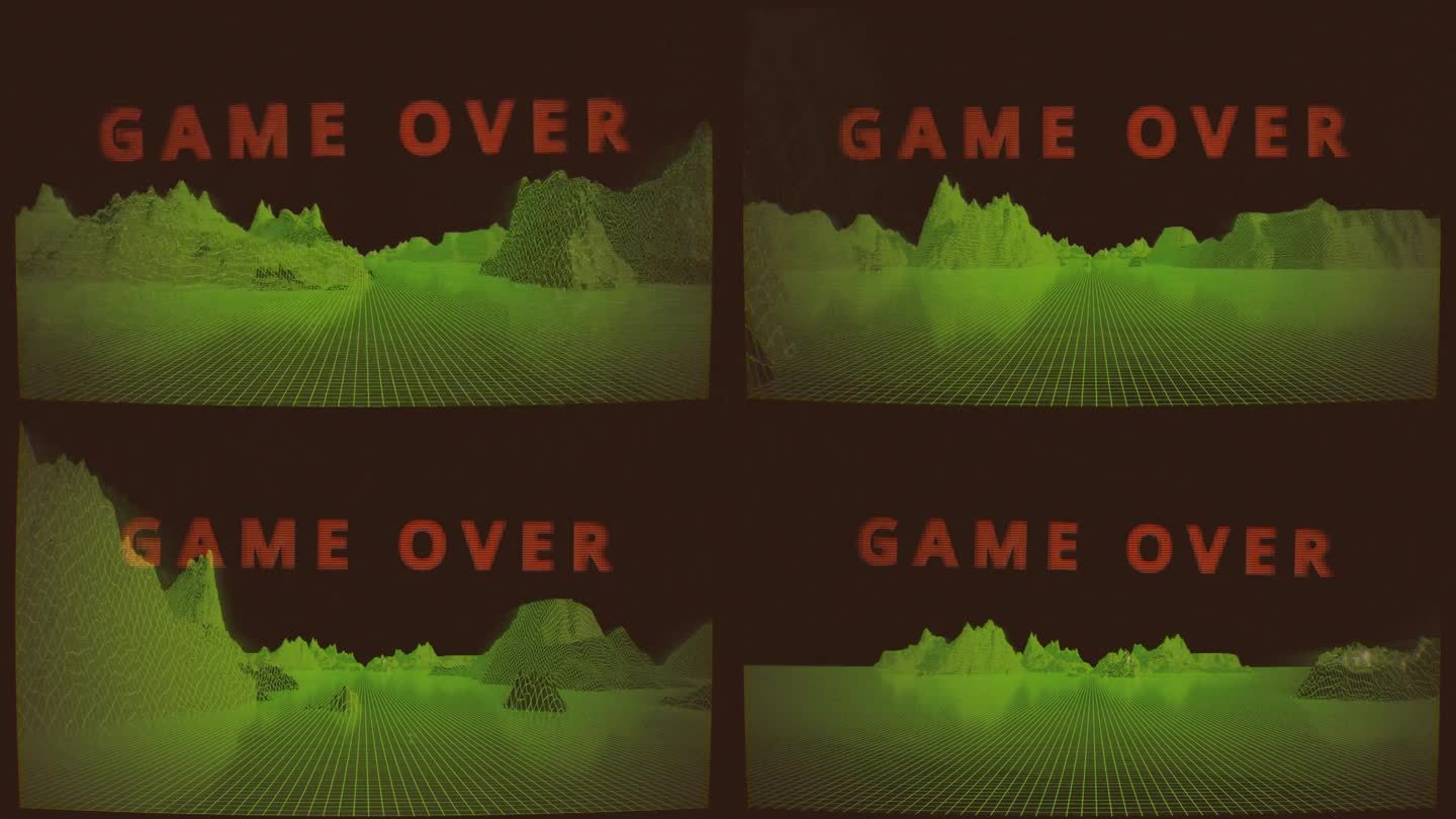游戏结束。老街机游戏画面，3d绿色网格线框景观。3D复古8位电子游戏。80、90年代风格的数码显示复
