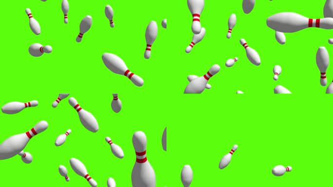 保龄球的背景。白色和红色的保龄球瓶落在绿色屏幕或色度键上。保龄球瓶雨点般划过屏幕。