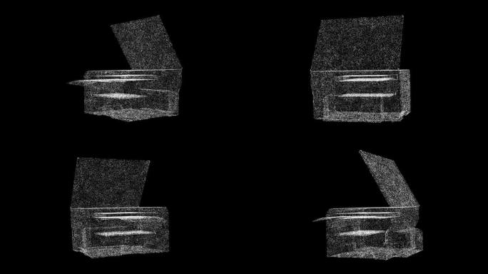 3D复印机打印机MFP在黑色背景上旋转。现代技术概念。办公机器及设备。商业广告背景。用于标题，文本，