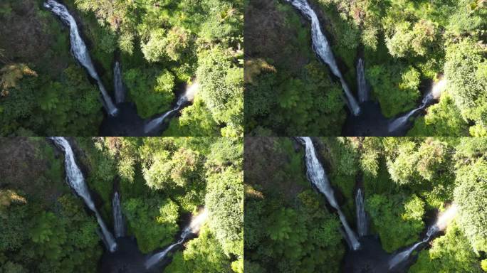 无人机拍摄的斐济瀑布(被称为三重瀑布)，巴厘岛，印度尼西亚