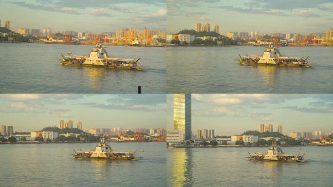 广州日落黄昏夕阳下珠江上船开航在江面
