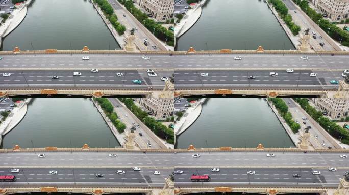 无人机俯拍天津海河大桥车流