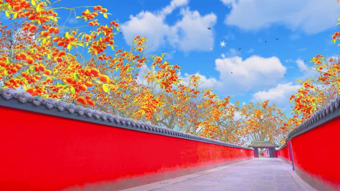 红墙里冬天成熟大红柿子树4K