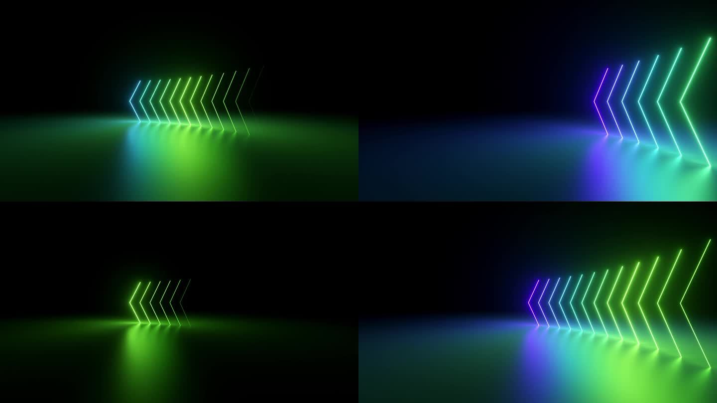 循环3d动画，抽象极简几何背景。蓝绿色闪烁的霓虹箭头显示左方向，线性图形