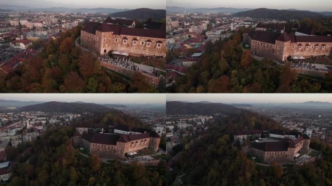 以历史名城为背景的欧洲中世纪城堡的圆形发现镜头