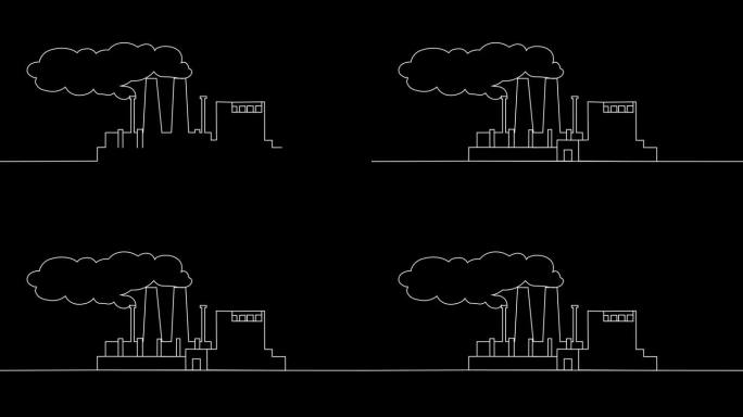 用连续画线制作的带有烟囱烟雾的工厂空气污染概念动画。二氧化碳排放，空气污染和环境