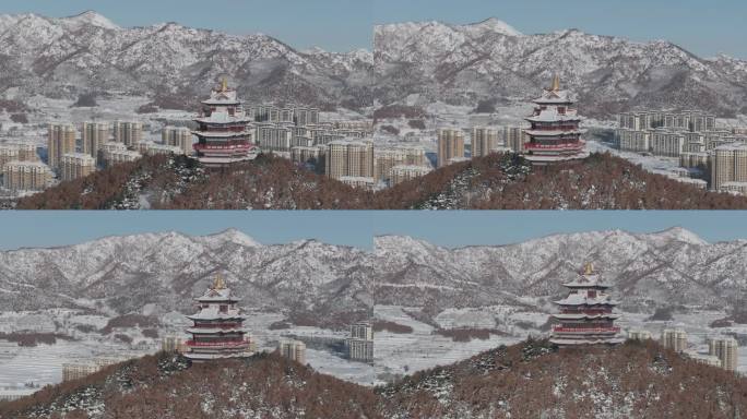 航拍环绕威海市环翠区华夏城景区华夏阁雪景