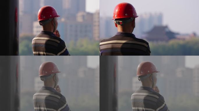 工人湖边看远方