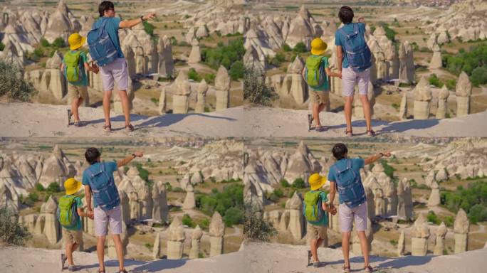 作为一个年轻的父亲和他的儿子踏上旅程，探索迷人的戈雷姆国家公园在卡帕多西亚，土耳其。惊叹于超现实的岩