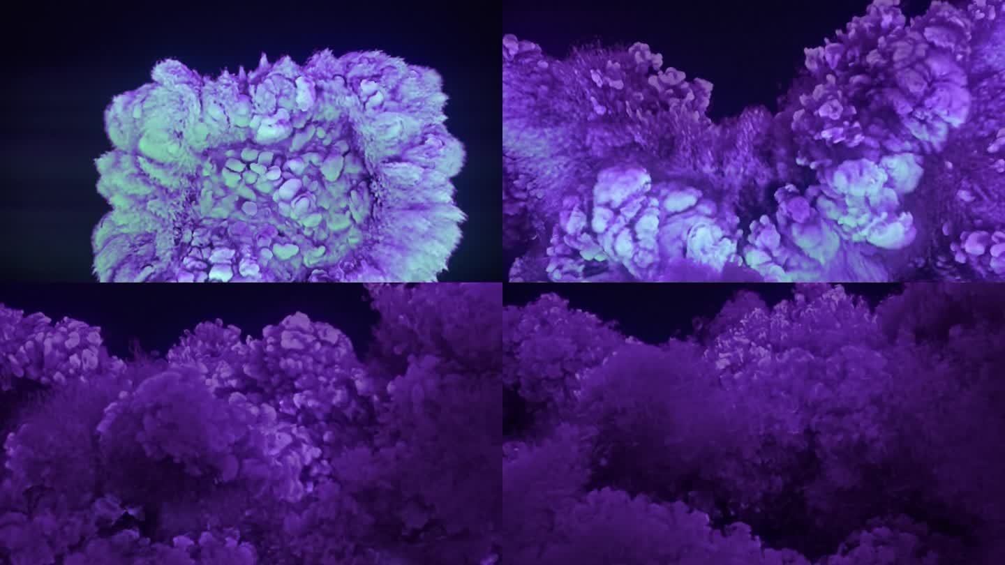 三维可视化的化学霓虹灯颜色爆炸与明亮的蓝紫色火焰强大的漩涡。3d渲染数字动画背景4K