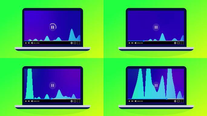 多媒体播放器播放音乐声波在笔记本电脑上的动画。视频表演者声波与美丽的渐变颜色。
