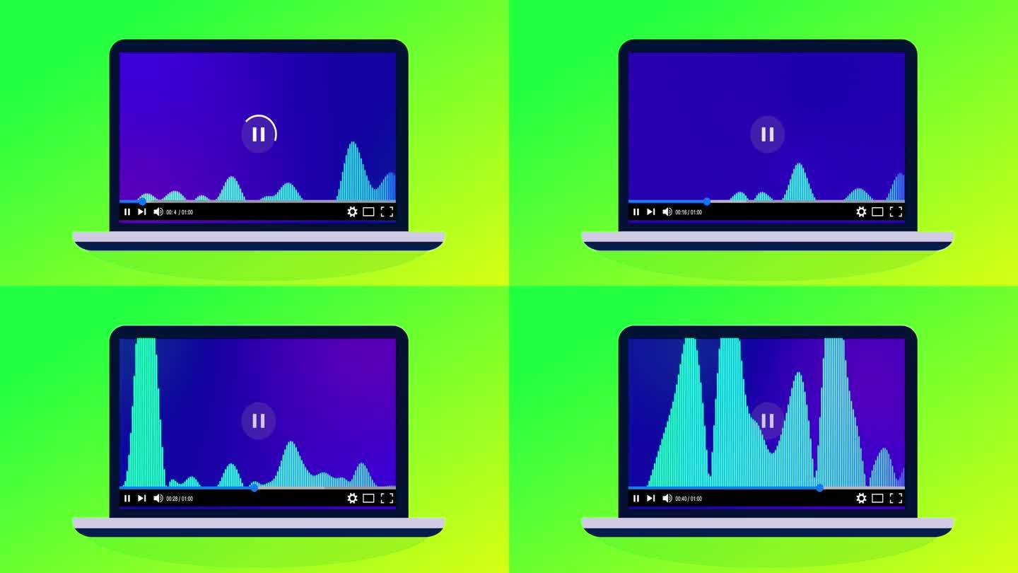 多媒体播放器播放音乐声波在笔记本电脑上的动画。视频表演者声波与美丽的渐变颜色。