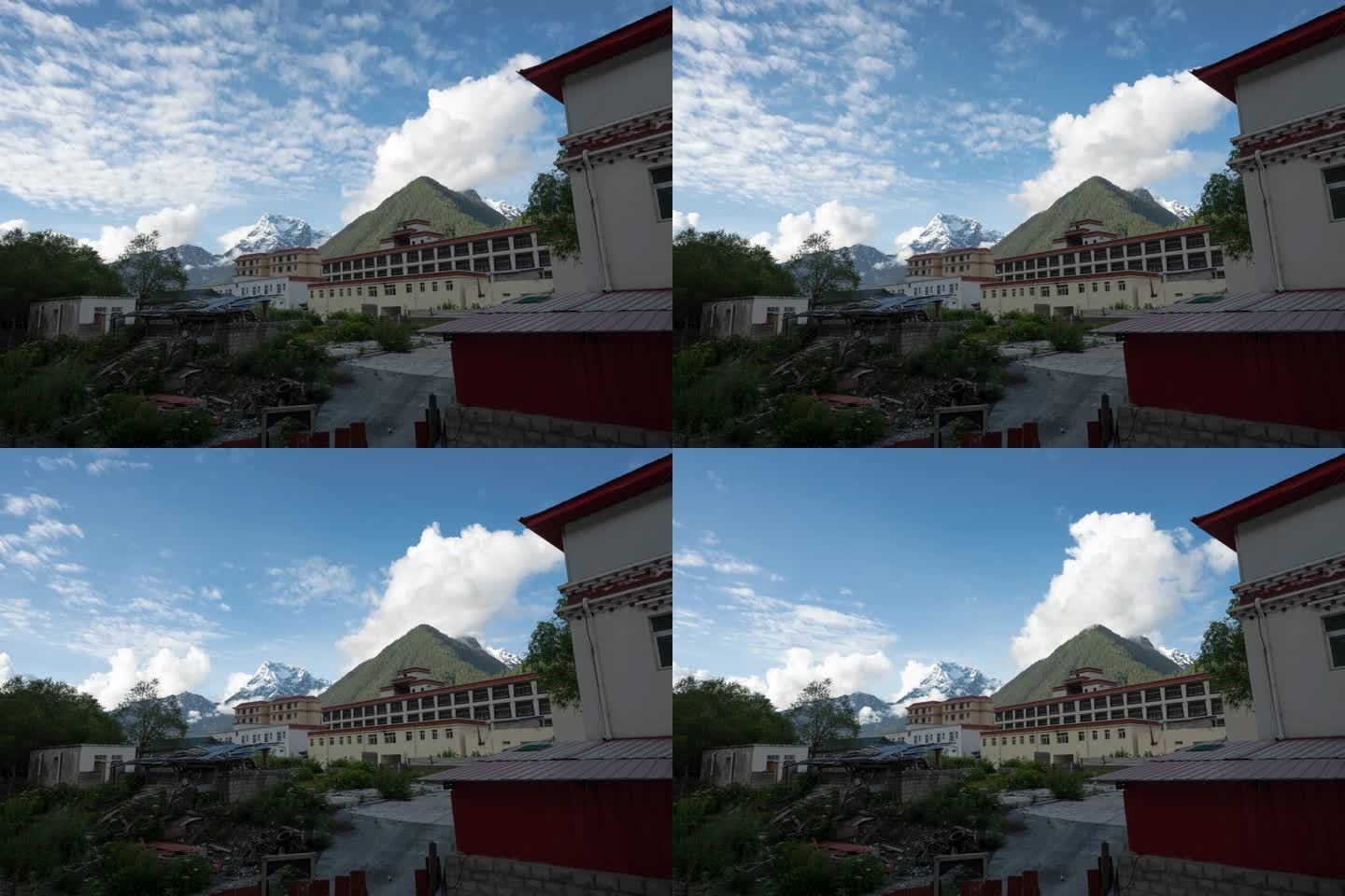 西藏波密雪山藏式建筑日出风光延时