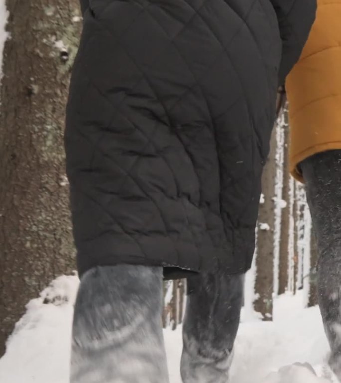 垂直视频。一对快乐的夫妇在冬天晴朗的天空下在森林里玩耍和享受时光，盖伊和女朋友手牵手在雪地里奔跑
