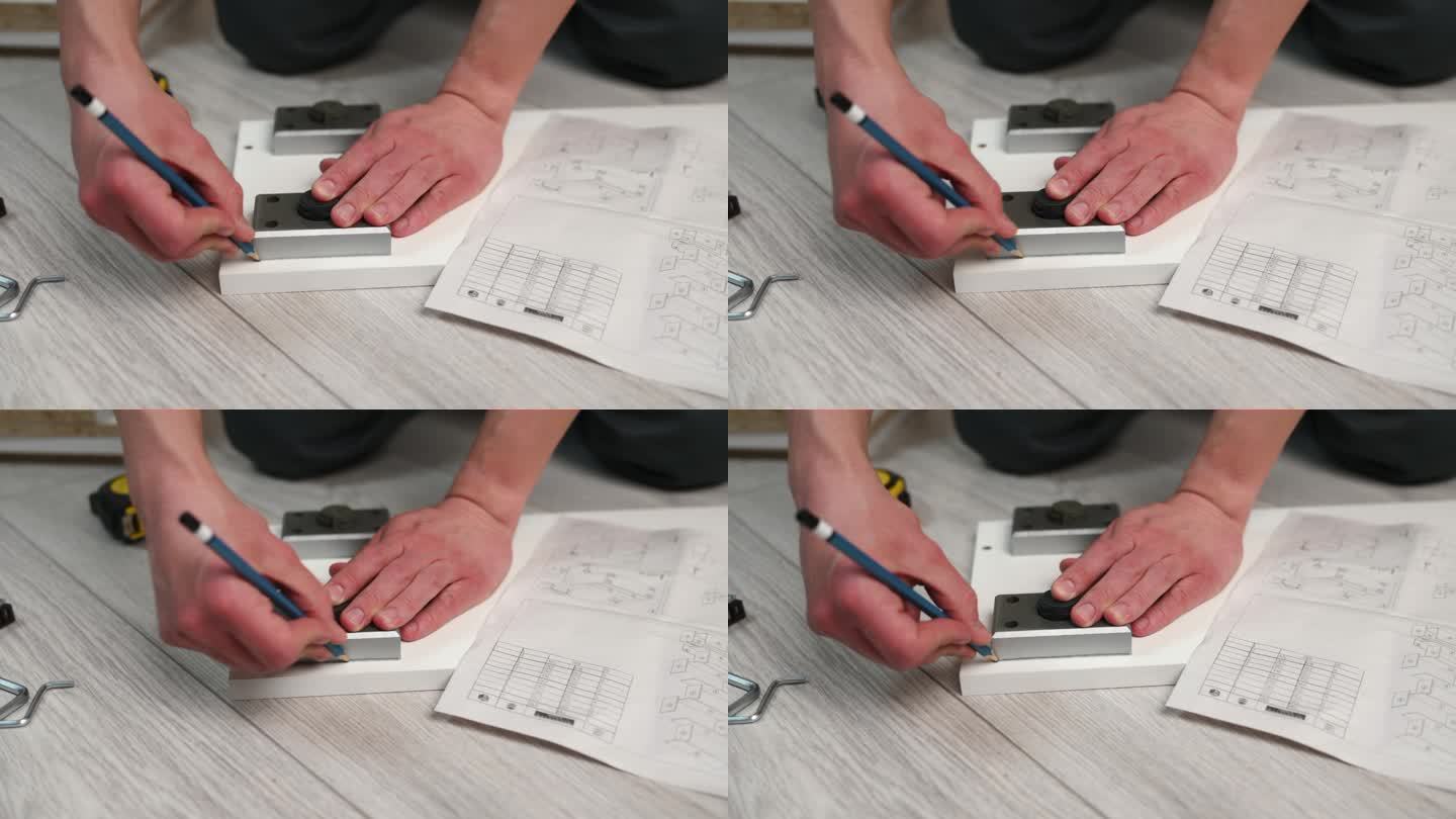 家具组装。工人用铅笔做记号，以便安装家具腿。建筑的概念