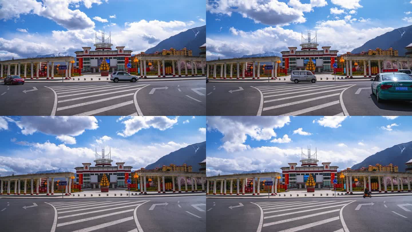 西藏会展中心蓝天白云延时