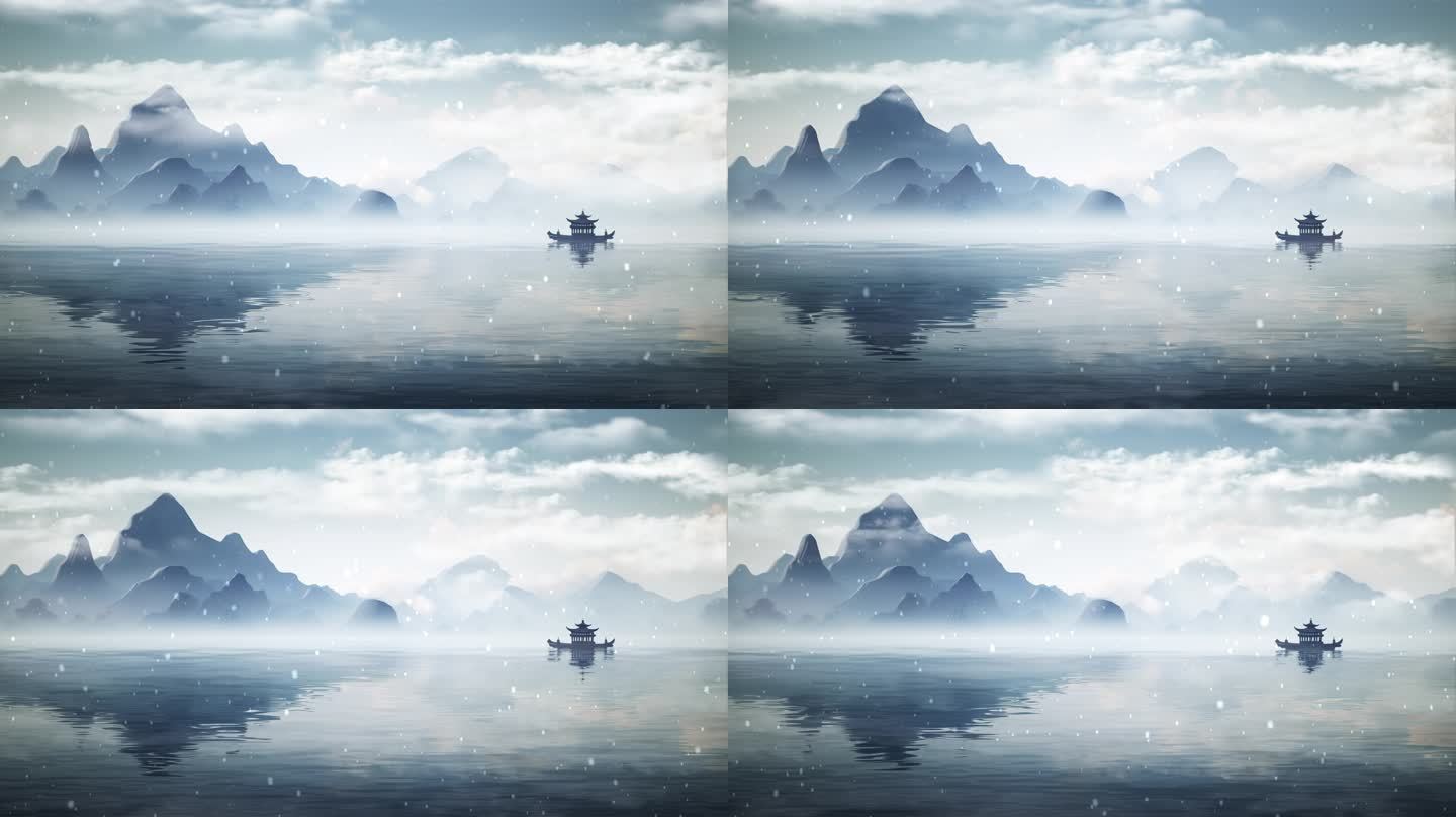 6k中国风古风水墨山水写意雪景动态动画