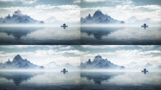 6k中国风古风水墨山水写意雪景动态动画
