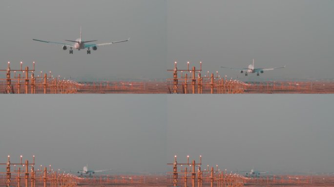 飞机降落机场落地实拍慢动作
