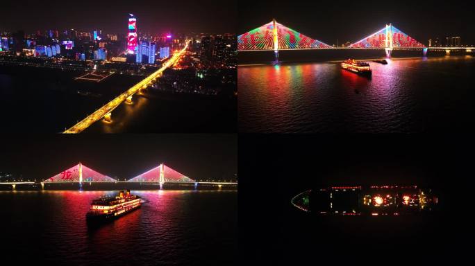 武汉长江二桥知音号游轮夜景4K航拍