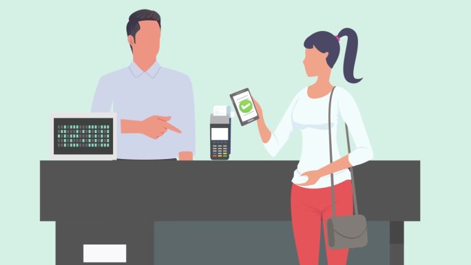 非接触式支付女顾客与业务员之间的概念动画。使用终端卡或NFC技术支付