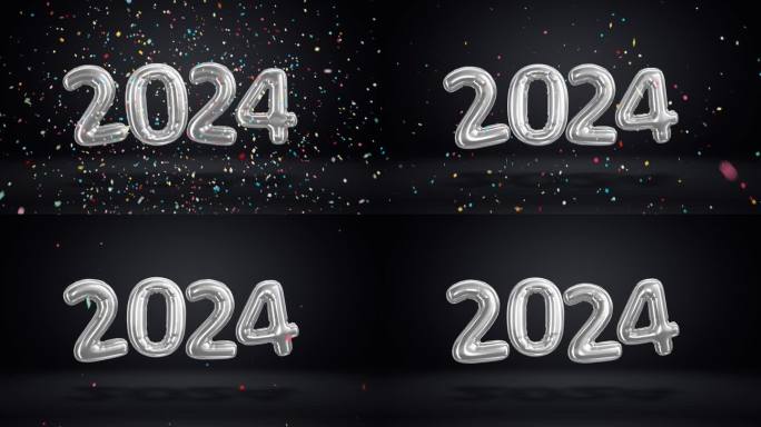 2024年新年。黑色背景上漂浮的氦气球。用五彩纸屑炸开银箔数字。水平的。