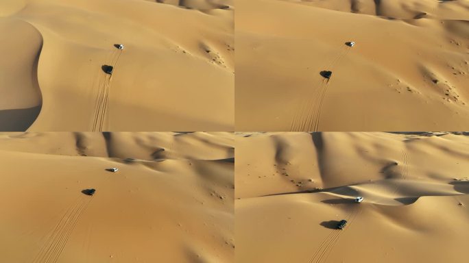 航拍新疆塔克拉玛干沙漠沙丘上自驾的汽车
