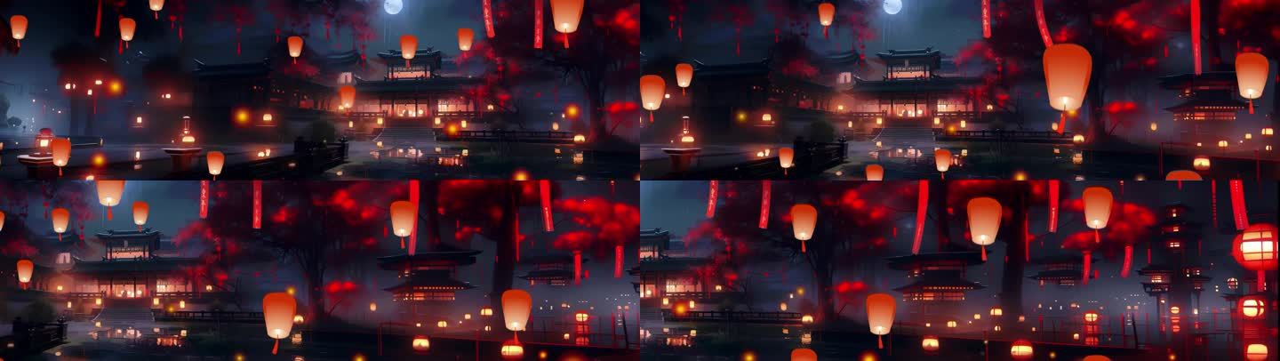 孔明灯元宵节 中国风古代宫殿夜景月亮景色