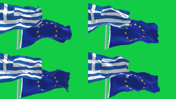 绿色背景上飘扬着希腊和欧盟的旗帜