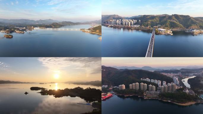 杭州淳安 千岛湖大桥航拍 千岛湖落日