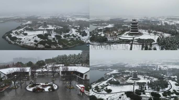 航拍宣城雪景宛陵阁宛陵湖冬天