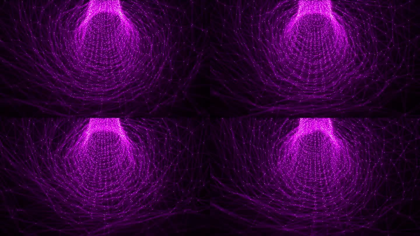 在黑暗的背景上，用高科技的线和点丛构成的抽象粉紫色隧道的循环动画，带有发光效果，循环视频，4k, 6