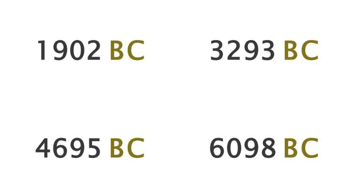 公元前500年至公元前7500年。历史时期计数数字在白色背景。科学和考古图形视频。