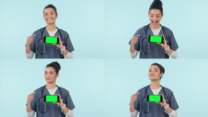 快乐的女人，医生和手机与绿色屏幕的广告模型工作室对蓝色背景。女性肖像，医疗或保健护士显示手机应用程序