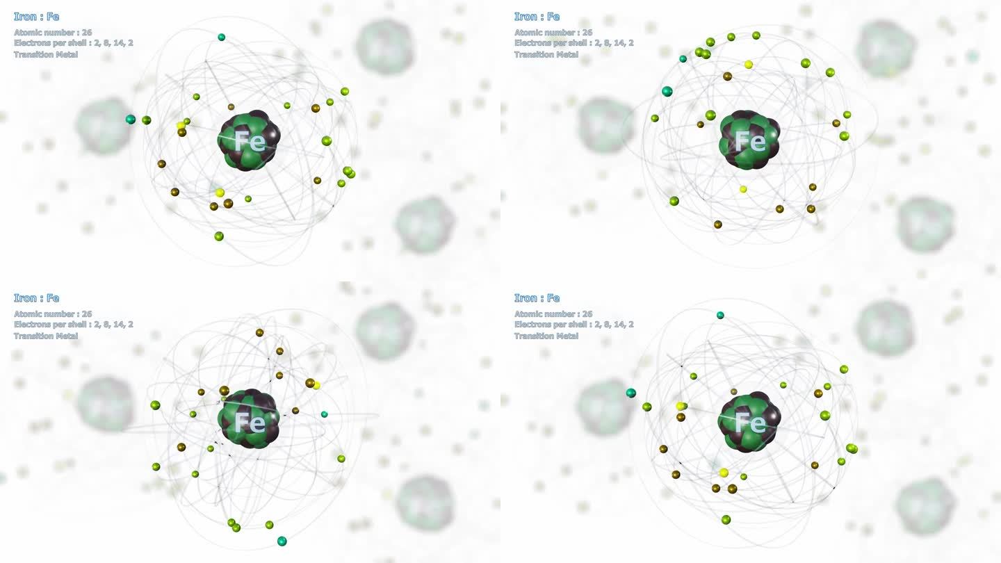 有26个电子的铁原子在白色原子上无限旋转