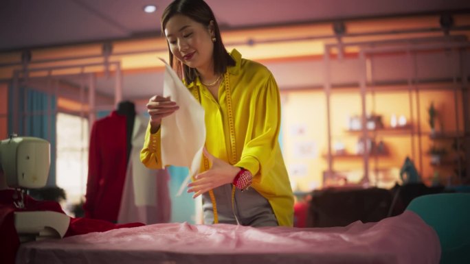 美丽的亚洲时装设计师在粉红色的织物上布局模板，并开始创作她的作品。一个女人在她明亮阳光的工作室里，致