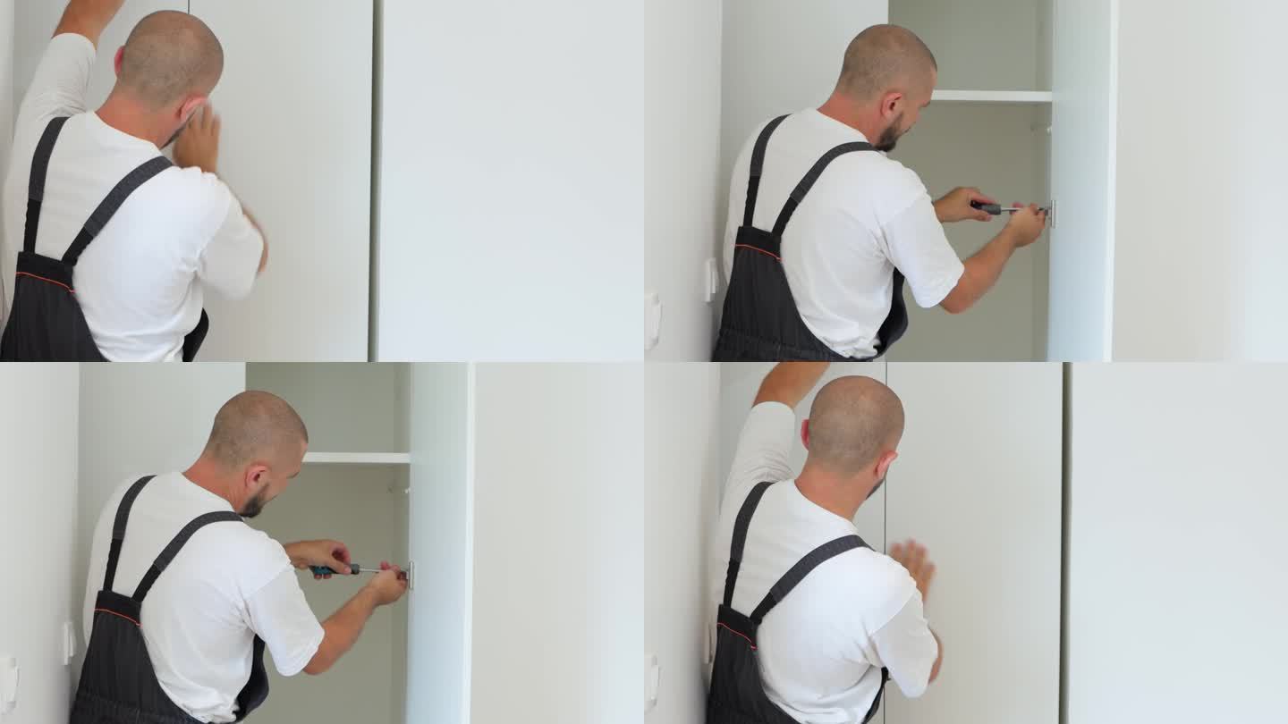 穿制服的修理工检查浅色卧室破损的壁橱。男工人发现衣柜门有问题。家居家具维修服务。高品质4k画面