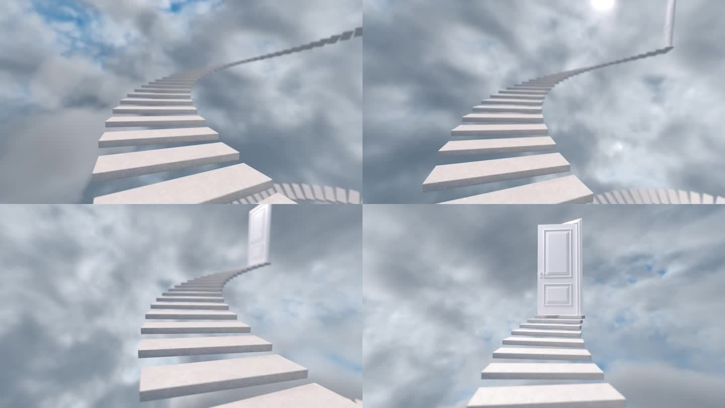 白色的楼梯通向一扇门，门对着色彩斑斓的天空