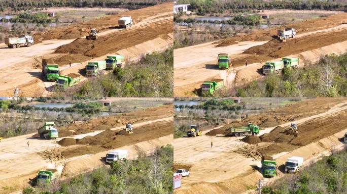 高速公路路基土方铺垫卡车拉土航拍4