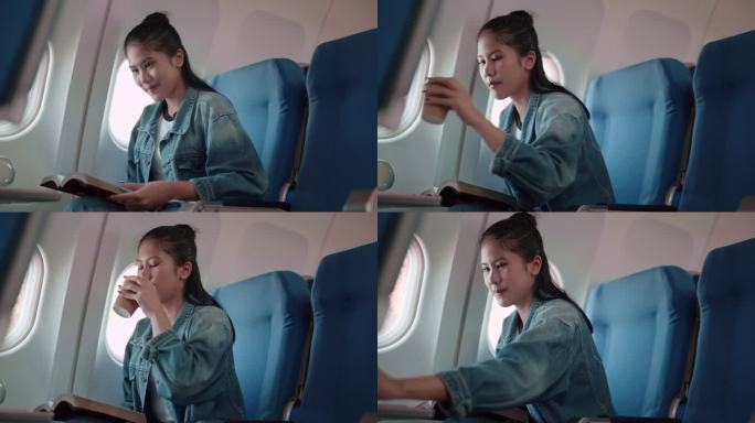 亚洲女性旅行者在飞往周末度假的飞机上享受她最喜欢的书。沉浸在她悠闲的旅程中，结合阅读的乐趣和长假的兴