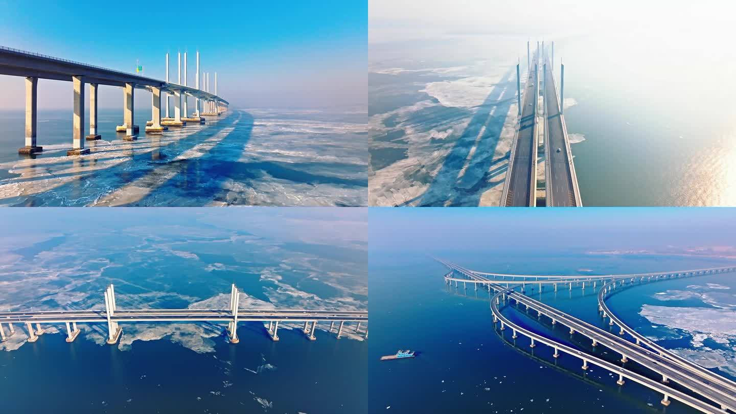 青岛胶州湾跨海大桥结冰航拍