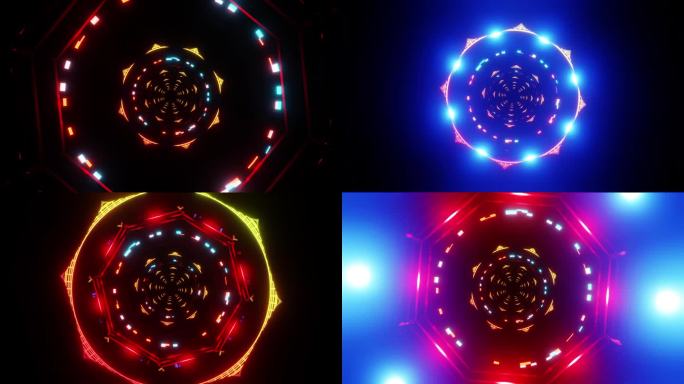 抽象的技术门户网络空间与红色和蓝色闪耀vj循环3D渲染。在外太空旅行HUD。迪斯科，夜总会，音乐节，
