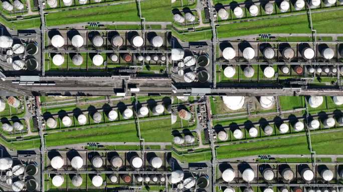从空中俯瞰德国一家炼油厂的石油产品储存库和基础设施。
