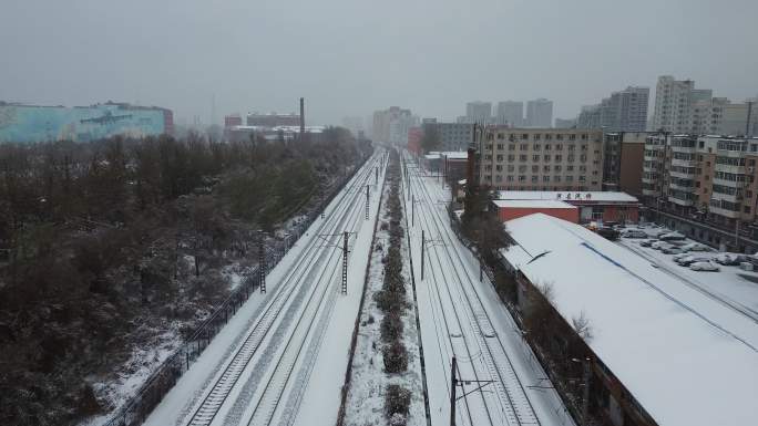 航拍 雪后铁路