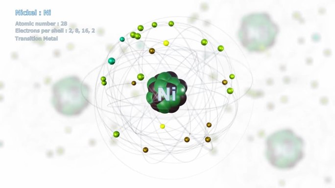有28个电子的镍原子在白色原子上无限旋转