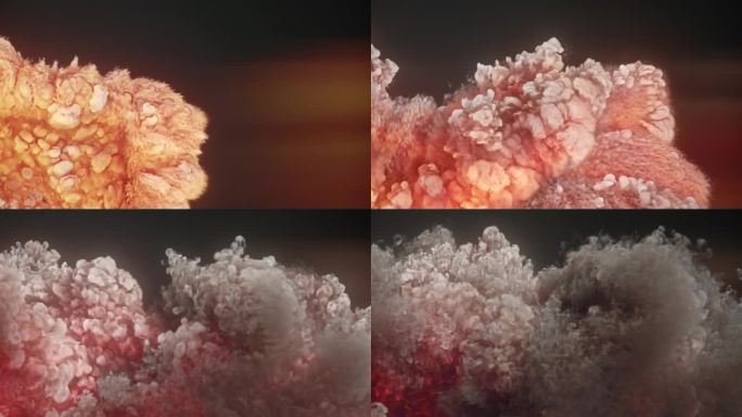 巨大的火焰爆发出巨大的波浪，伴随着橘红色的火焰漩涡。3d渲染抽象背景。数字动画4K